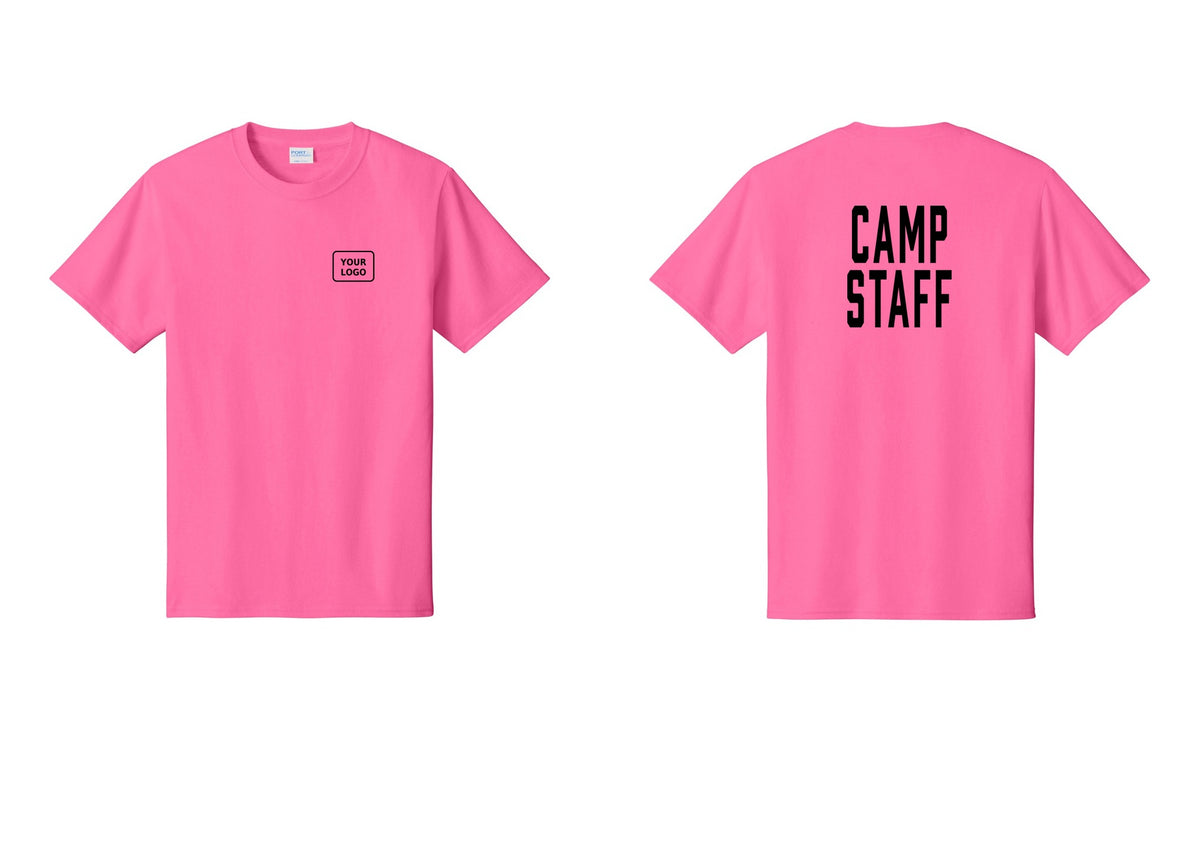 NYC Factory Custom Logo Camp Staff T-Shirt, Condensed Lettering - Your Logo + Back - Neon Pink