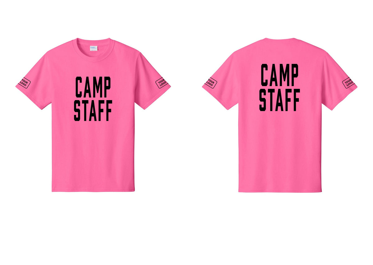 NYC Factory Unisex Custom Logo Camp Staff T-Shirt - Front + Back + Your Logo Sleeves - Neon Pink