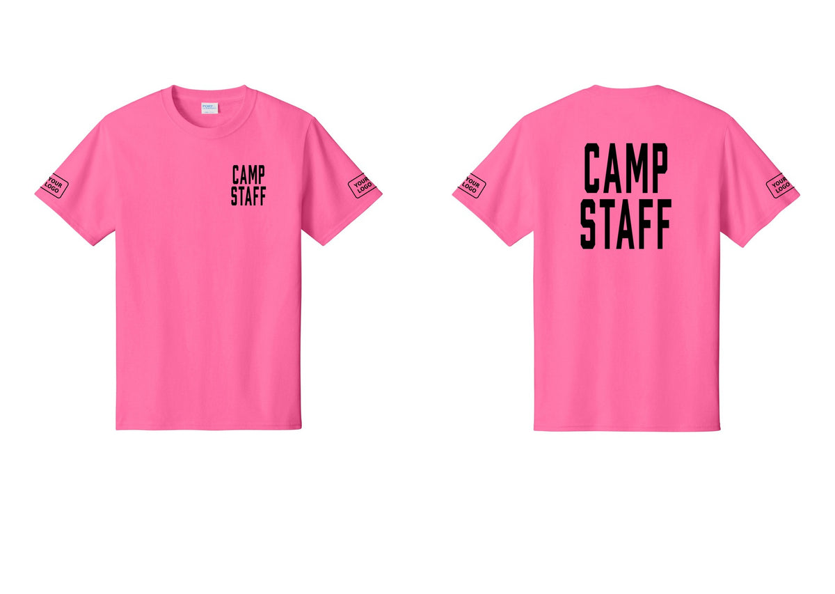 NYC Factory Unisex Custom Logo Camp Staff T-Shirt - Chest + Back + Your Logo Sleeves - Neon Pink
