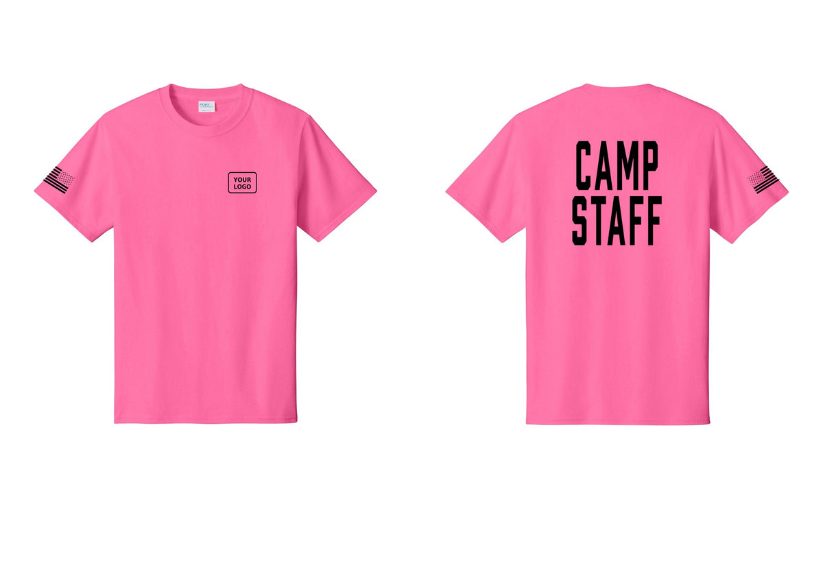 NYC Factory Unisex Custom Logo Camp Staff T-Shirt - Your Logo + Back + US Flag Sleeve - Neon Pink