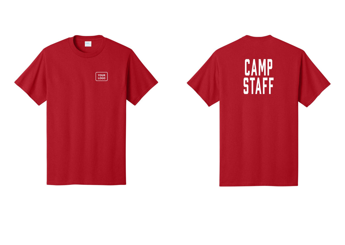 NYC Factory Custom Logo Camp Staff T-Shirt, Condensed Lettering - Your Logo + Back - Red