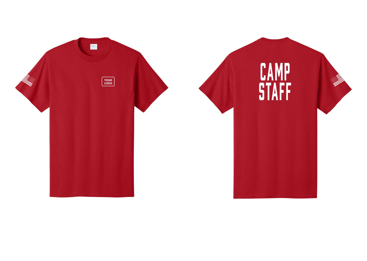 NYC Factory Custom Logo Camp Staff T-Shirt, Condensed Lettering - Your Logo + Back + US Flag Sleeve - Red