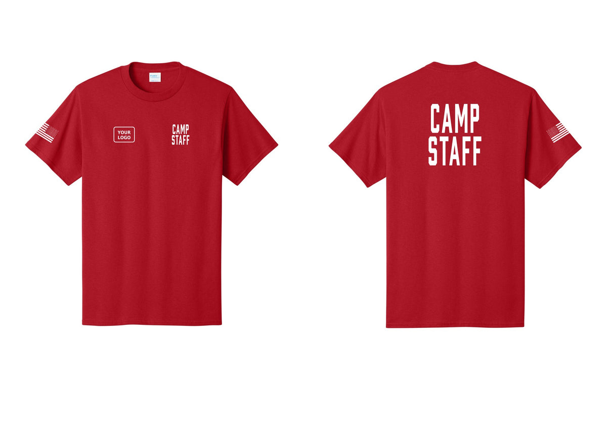 NYC Factory Custom Logo Camp Staff T-Shirt, Condensed Lettering - CAMP STAFF + Your Logo + Back + US Flag Sleeve - Red