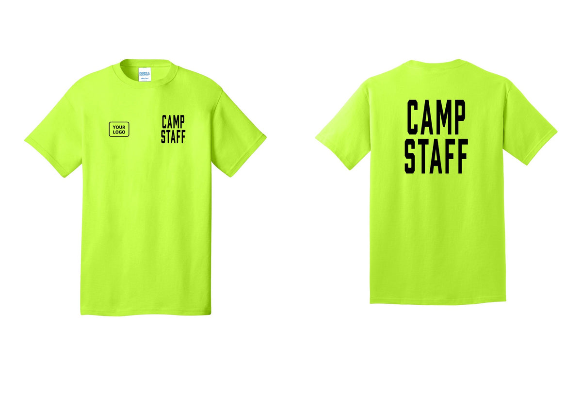 NYC Factory Unisex Custom Logo Camp Staff T-Shirt - CAMP STAFF + Your Logo + Back - Safety Green