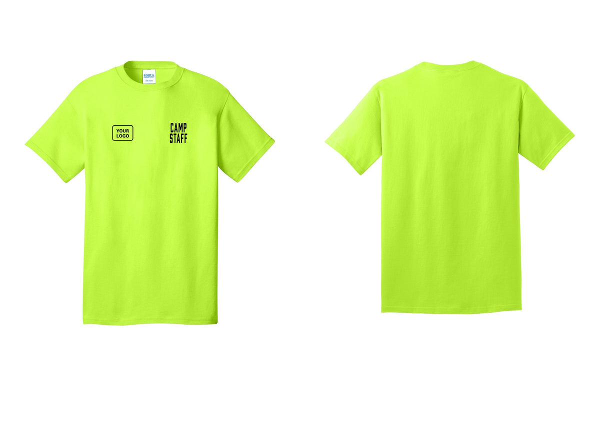 NYC Factory Custom Logo Camp Staff T-Shirt, Condensed Lettering - CAMP STAFF + Your Logo - Safety Green