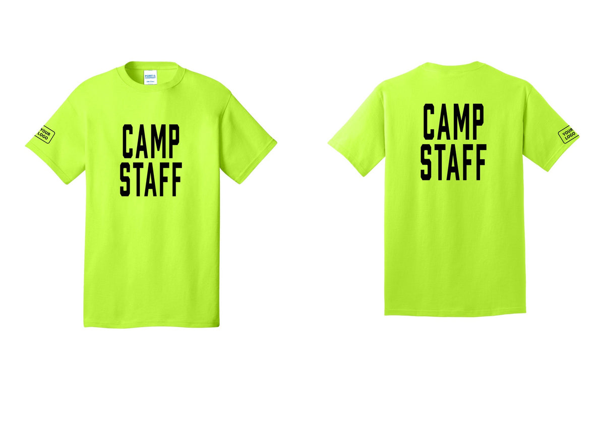 NYC Factory Unisex Custom Logo Camp Staff T-Shirt - Front + Back + Your Logo Sleeve - Safety Green