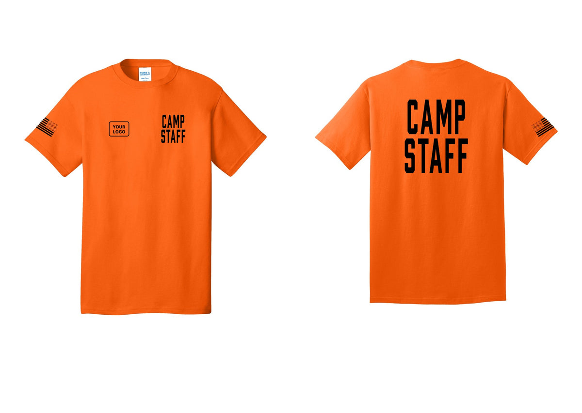 NYC Factory Unisex Custom Logo Camp Staff T-Shirt - CAMP STAFF + Your Logo + Back + US Flag Sleeve - Safety Orange