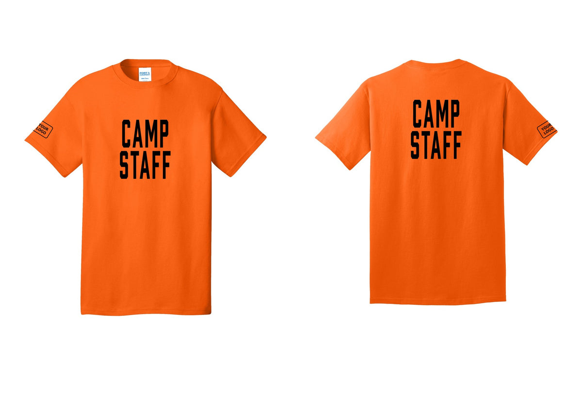 NYC Factory Custom Logo Camp Staff T-Shirt, Condensed Lettering - Front + Back + Your Logo Sleeve - Safety Orange