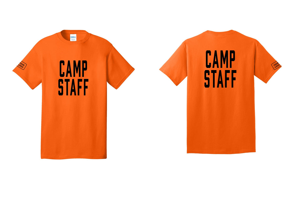 NYC Factory Unisex Custom Logo Camp Staff T-Shirt - Front + Back + Your Logo Sleeve - Safety Orange