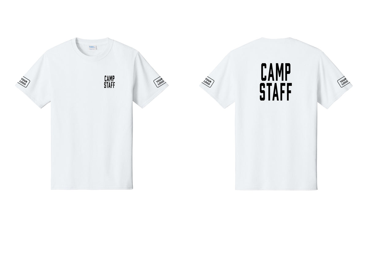 NYC Factory Custom Logo Camp Staff T-Shirt, Condensed Lettering - Chest + Back + Your Logo Sleeves - White
