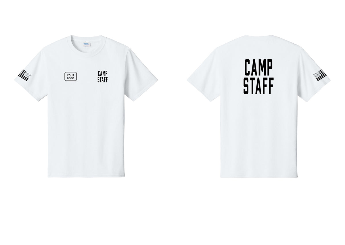 NYC Factory Custom Logo Camp Staff T-Shirt, Condensed Lettering - CAMP STAFF + Your Logo + Back + US Flag Sleeve - White