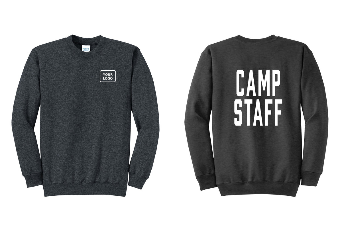 NYC Factory Custom Logo Camp Staff Cotton Fleece Crewneck Sweatshirt (Classic) - Your Logo + Back - Dark Heather Grey