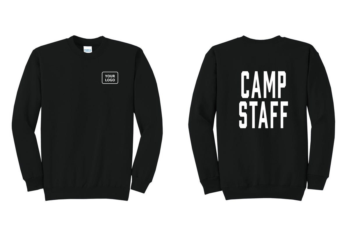 NYC Factory Custom Logo Camp Staff Cotton Fleece Crewneck Sweatshirt (Classic) - Your Logo + Back - Black