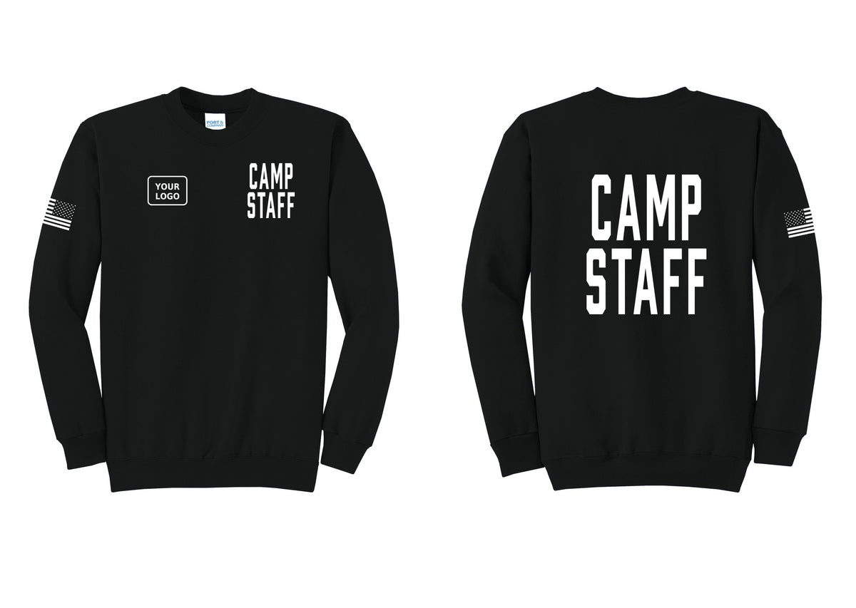 NYC Factory Custom Logo Camp Staff Cotton Fleece Crewneck Sweatshirt (Classic) - CAMP STAFF + Your Logo + Back + US Flag Sleeve - Black