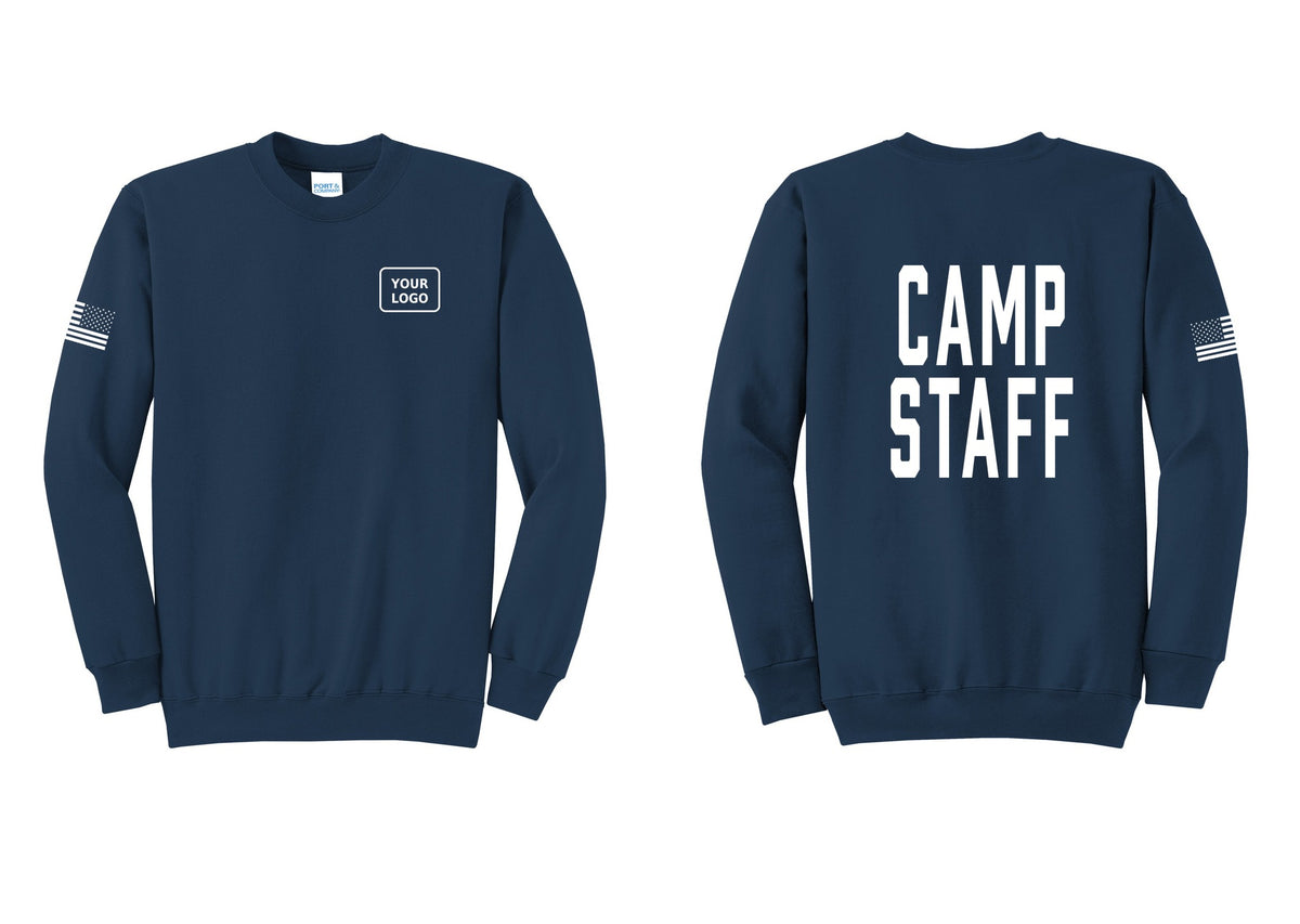 NYC Factory Custom Logo Camp Staff Cotton Fleece Crewneck Sweatshirt (Classic) - Your Logo + Back + US Flag Sleeve - Navy