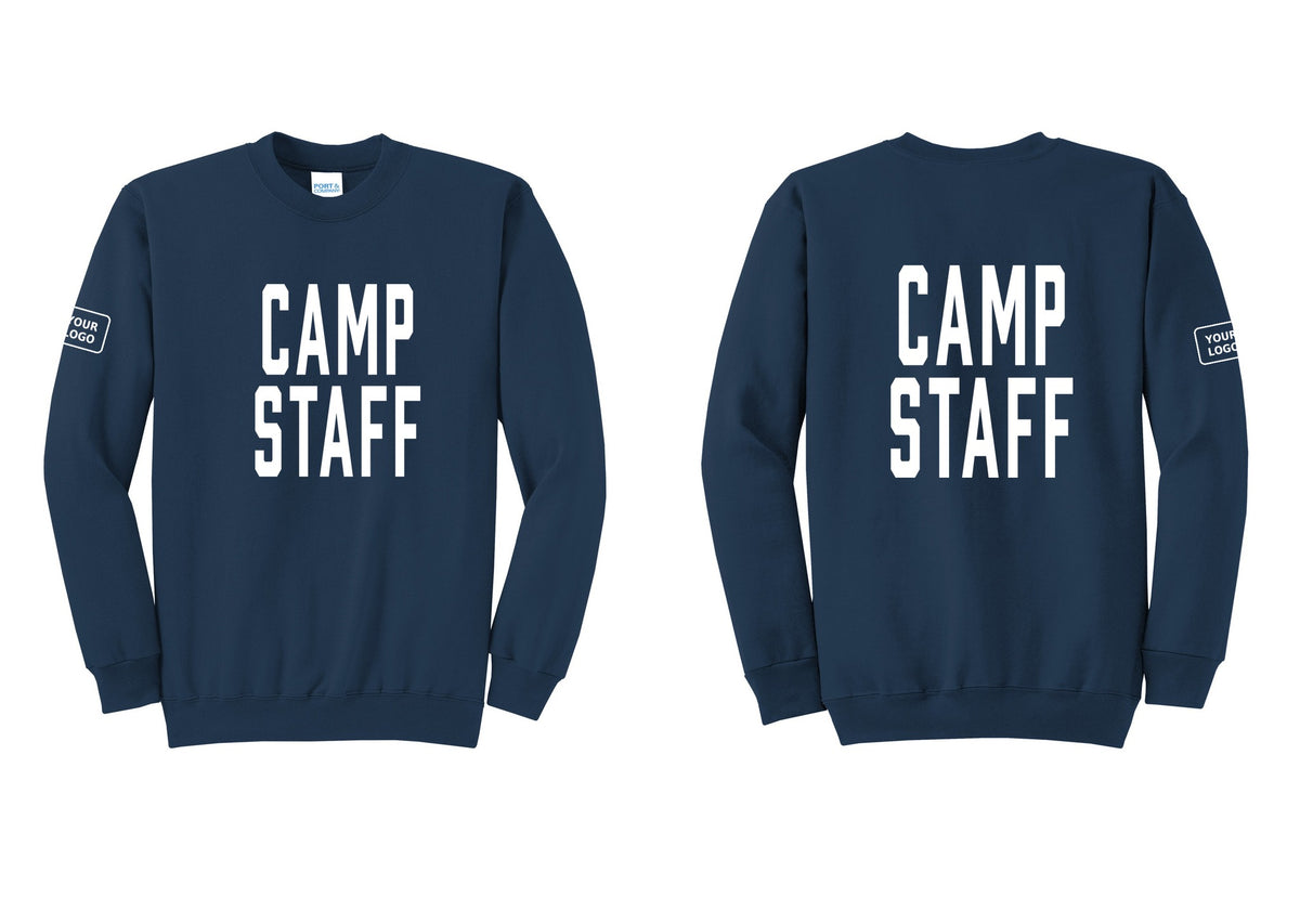 NYC Factory Custom Logo Camp Staff Cotton Fleece Crewneck Sweatshirt (Classic) - Front + Back + Your Logo Sleeve - Navy