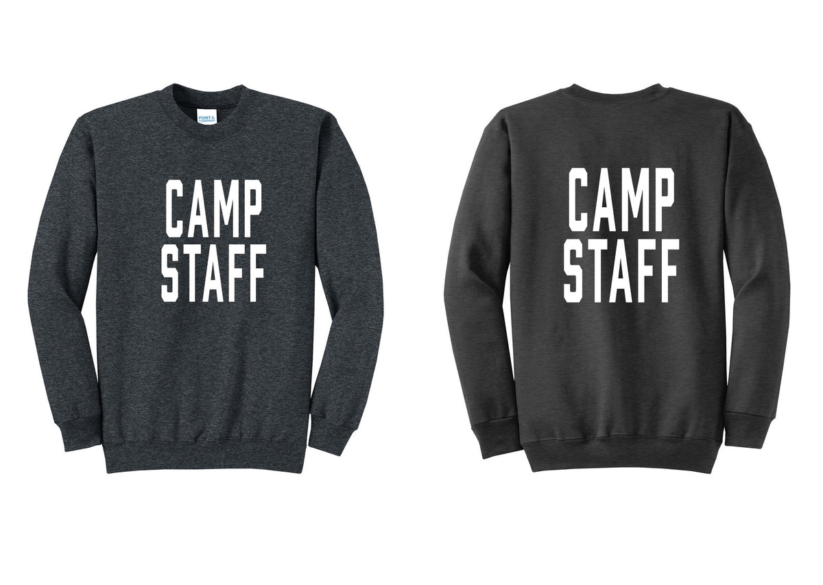 NYC Factory Camp Staff Cotton Fleece Crewneck Sweatshirt (Classic) - Front + Back - Dark Heather Grey