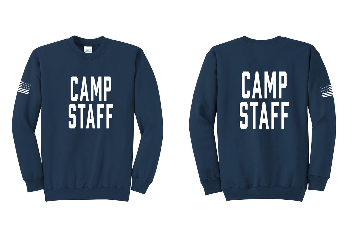 NYC Factory Camp Staff Cotton Fleece Crewneck Sweatshirt (Classic) - Front + Back + US Flag Sleeve - Navy