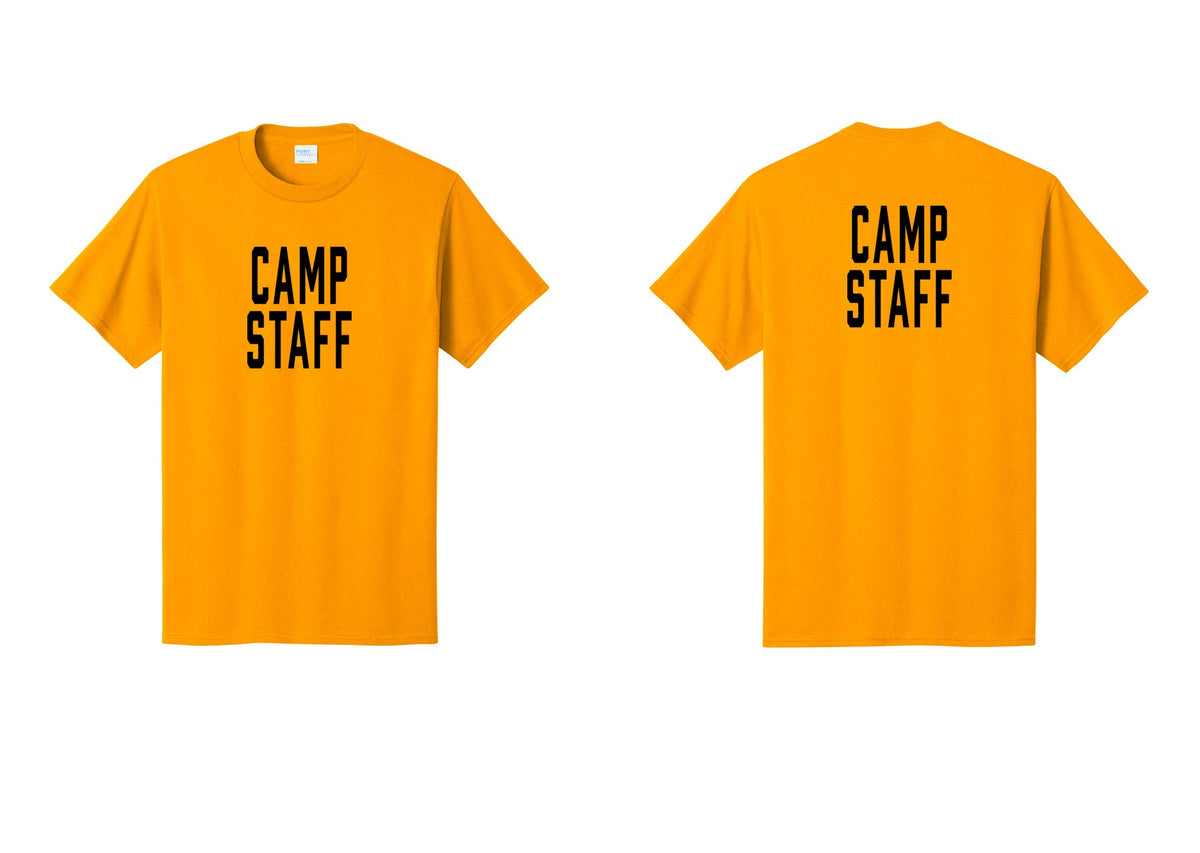NYC Factory Camp Staff T-Shirt, Condensed Lettering - Front + Back - Gold