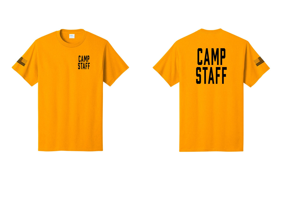 NYC Factory Unisex Camp Staff Classic T-Shirt - Chest + Back + US Flag Sleeve - Gold