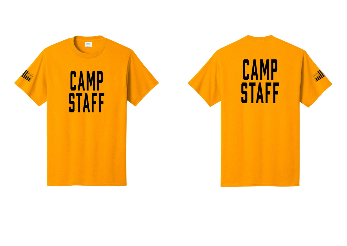 NYC Factory Unisex Camp Staff Classic T-Shirt - Front + Back + US Flag Sleeve - Gold