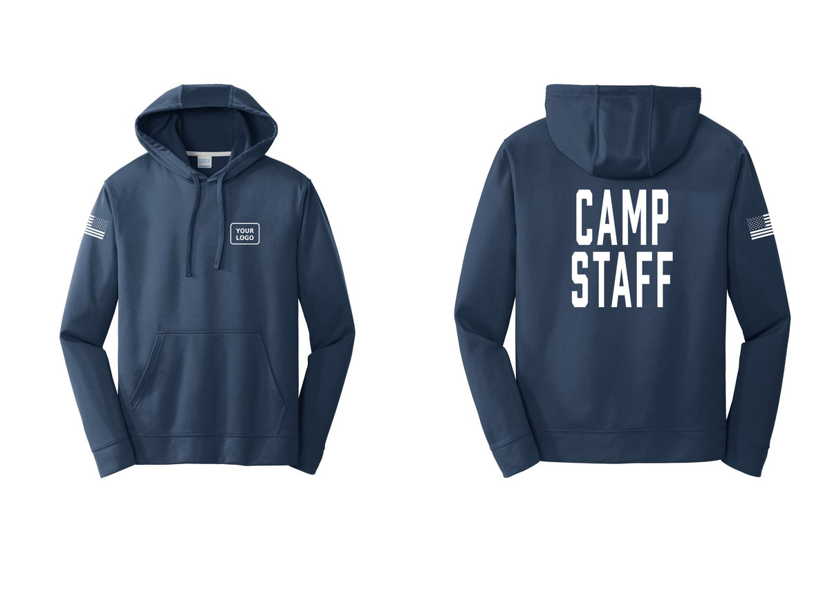 NYC Factory Custom Logo Camp Staff Performance Hooded Fleece Pullover Sweatshirt (Classic) - Your Logo + Back + US Flag Sleeve - Navy