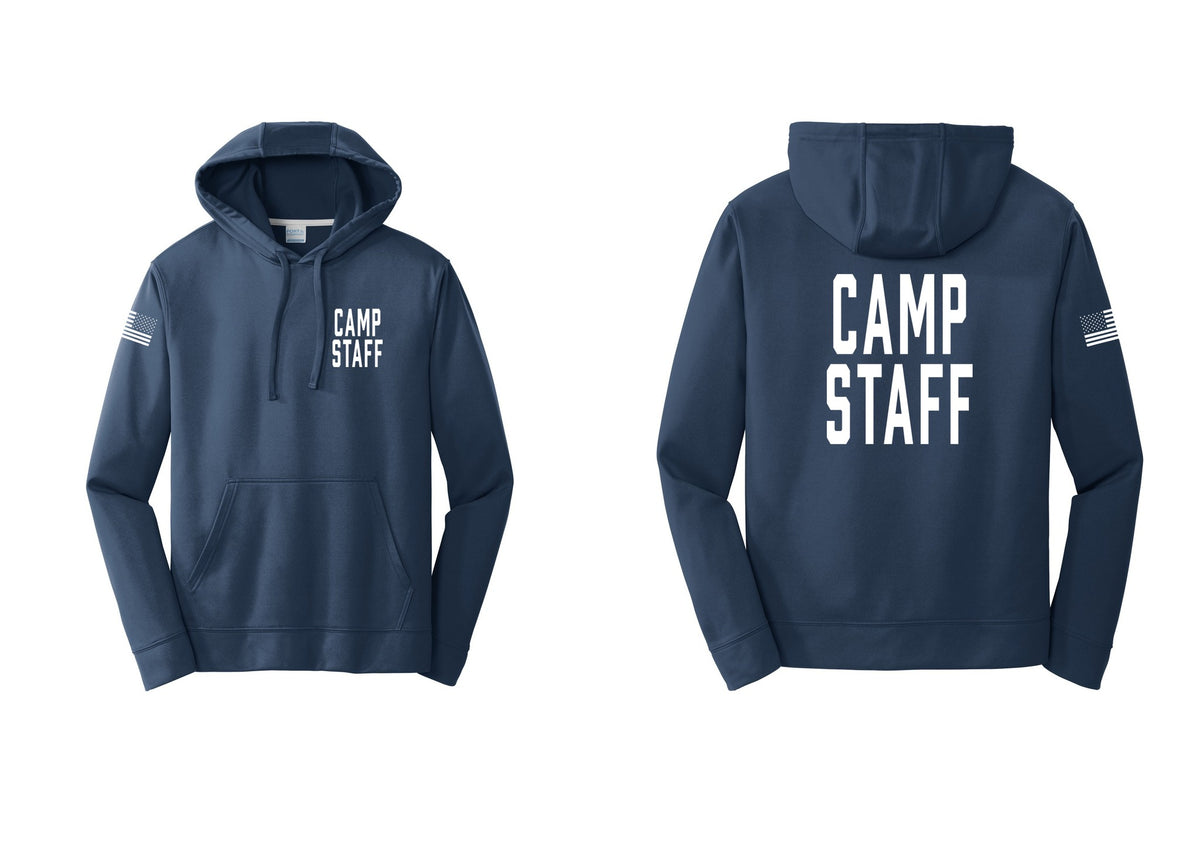 NYC Factory Camp Staff Performance Hooded Fleece Pullover Sweatshirt (Classic) - Chest + Back + US Flag Sleeve - Navy
