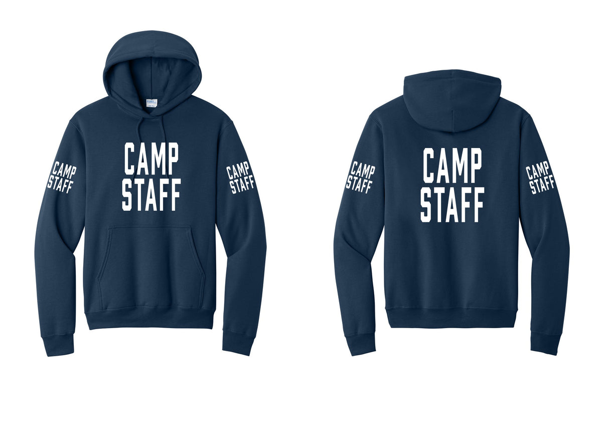 NYC Factory Camp Staff Cotton Fleece Pullover Hoodie (Classic) - Front + Back + Camp Staff Sleeves - Navy