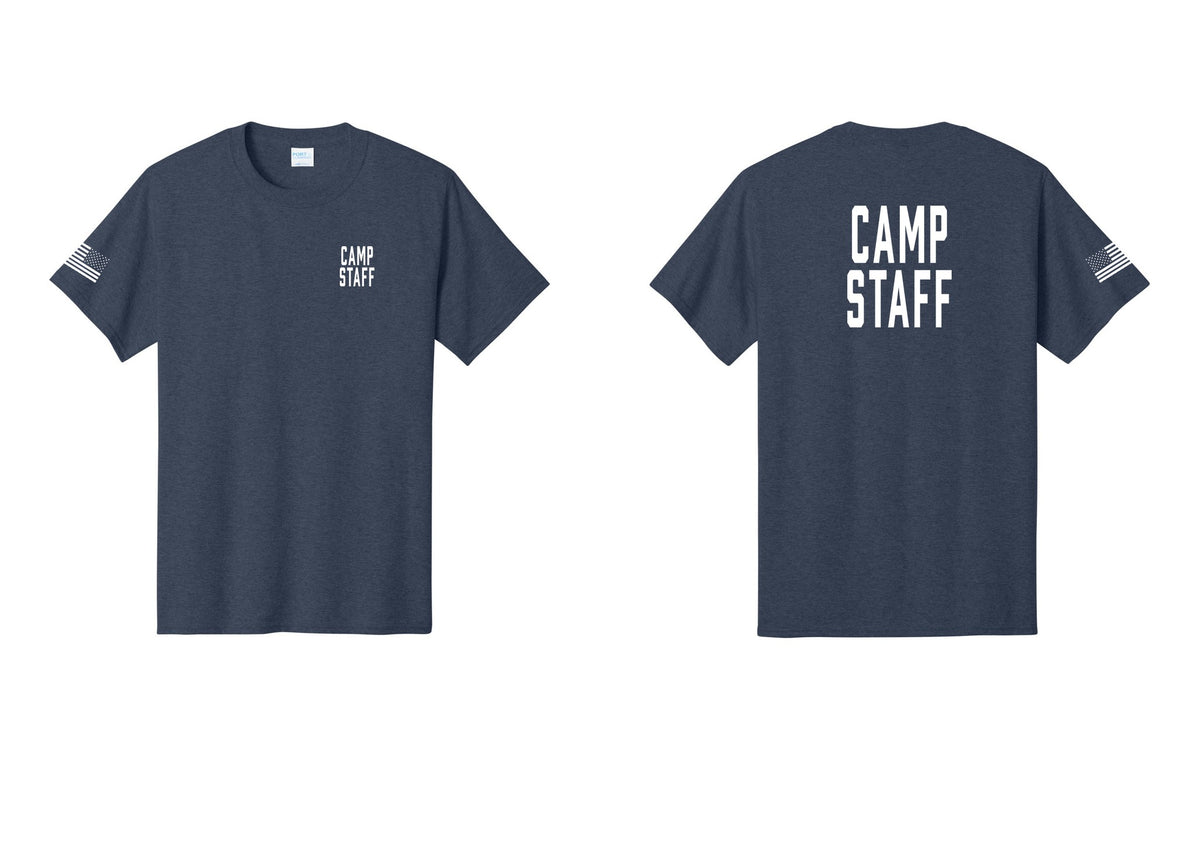 NYC Factory Camp Staff T-Shirt, Condensed Lettering - Chest + Back + US Flag Sleeve - Heather Navy