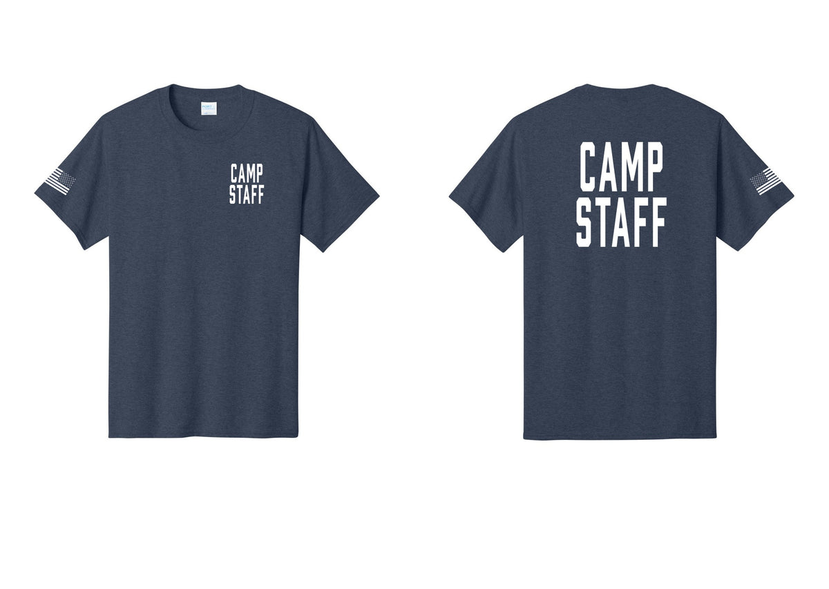NYC Factory Unisex Camp Staff Classic T-Shirt - Chest + Back + US Flag Sleeve - Heather Navy