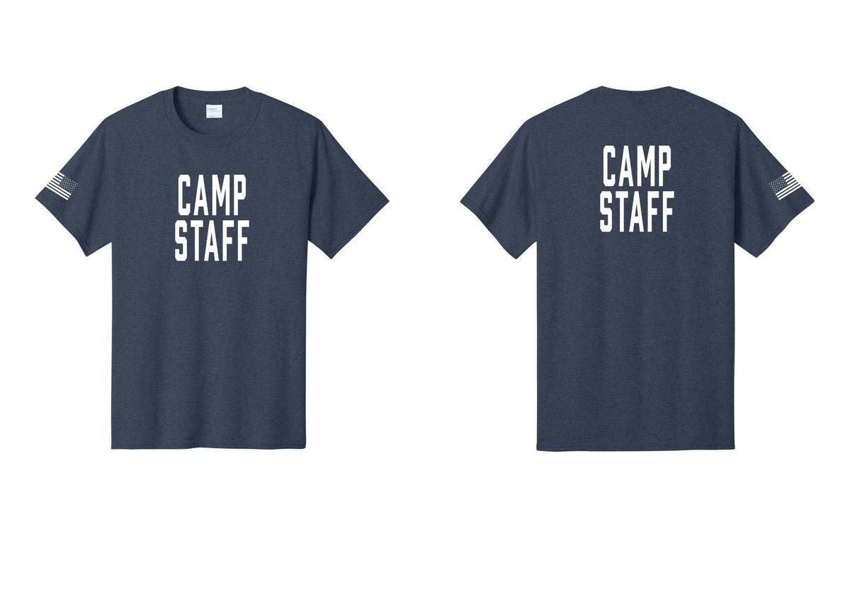 NYC Factory Camp Staff T-Shirt, Condensed Lettering - Front + Back + US Flag Sleeve - Heather Navy