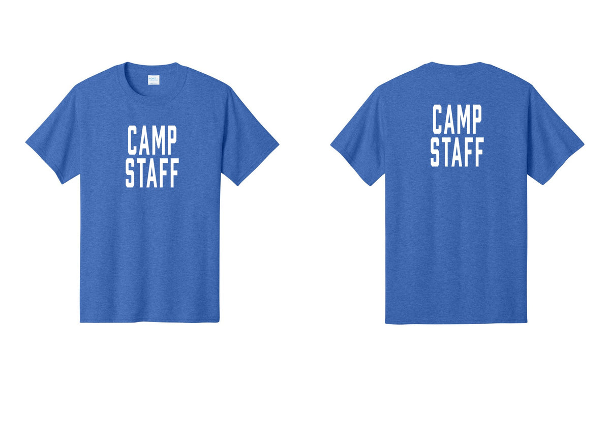 NYC Factory Camp Staff T-Shirt, Condensed Lettering - Front + Back - Heather Royal