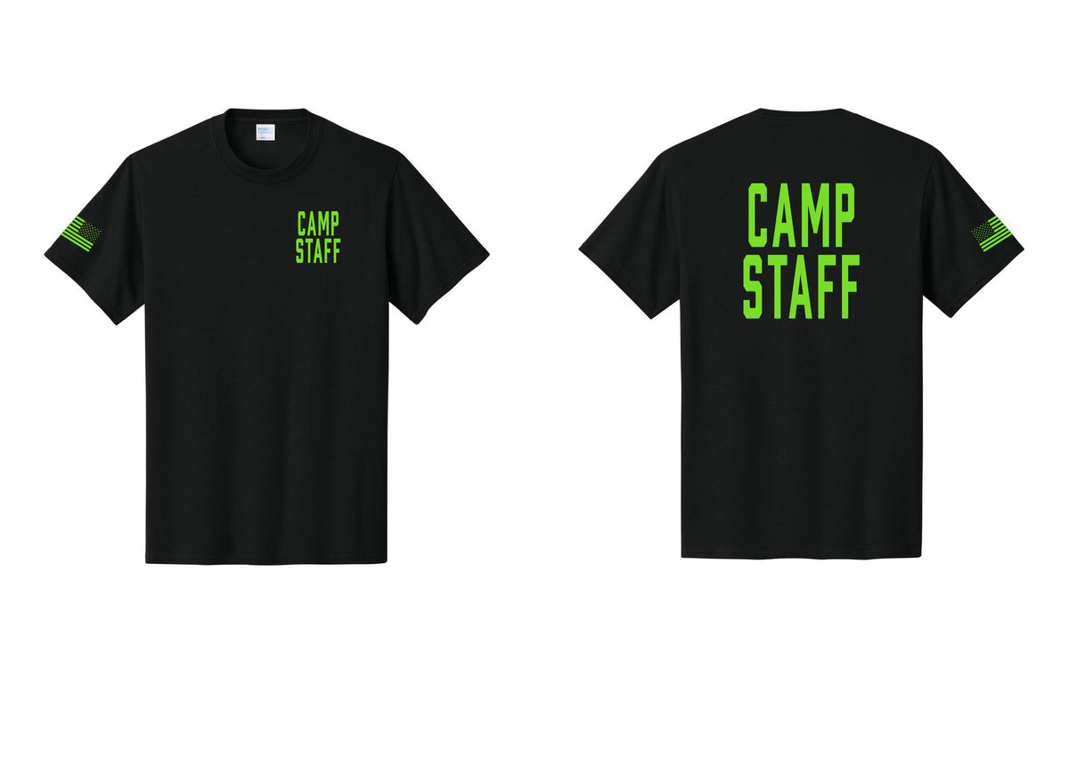 NYC Factory Unisex Camp Staff Classic T-Shirt - Chest + Back + US Flag Sleeve - Black / Neon