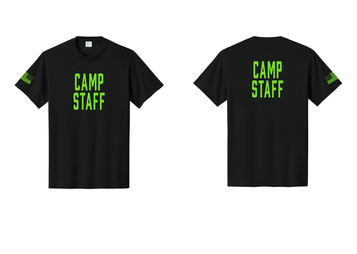 NYC Factory Camp Staff T-Shirt, Condensed Lettering - Front + Back + US Flag Sleeve - Black / Neon