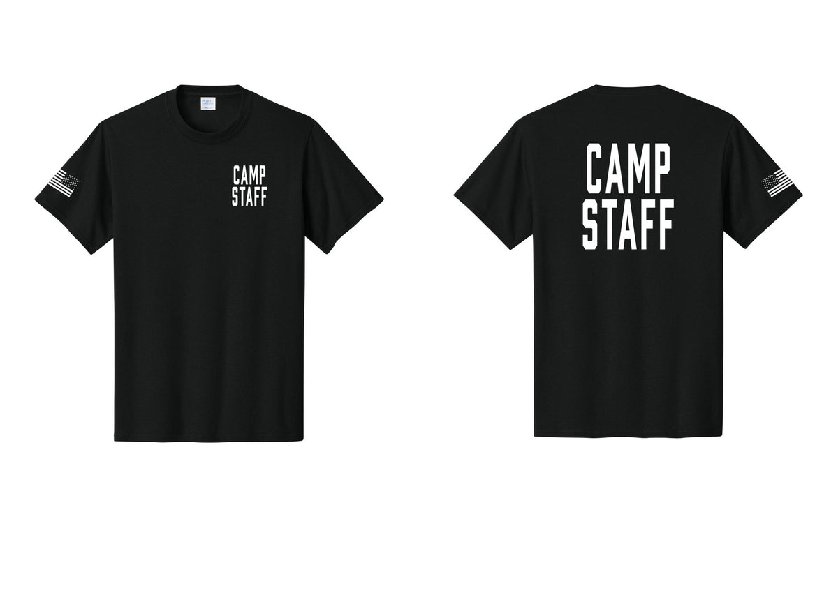 NYC Factory Unisex Camp Staff Classic T-Shirt - Chest + Back + US Flag Sleeve - Black