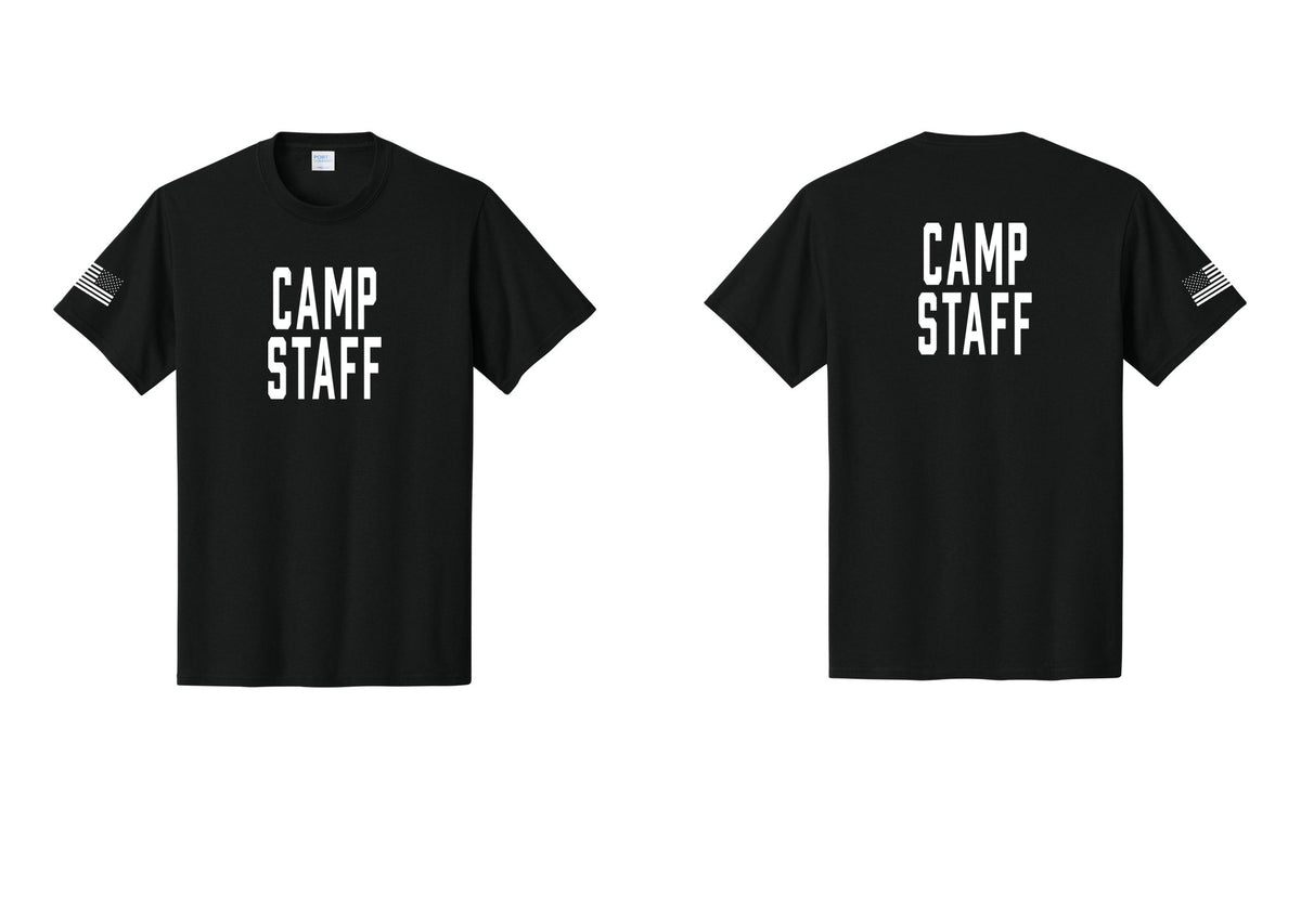 NYC Factory Camp Staff T-Shirt, Condensed Lettering - Front + Back + US Flag Sleeve - Black