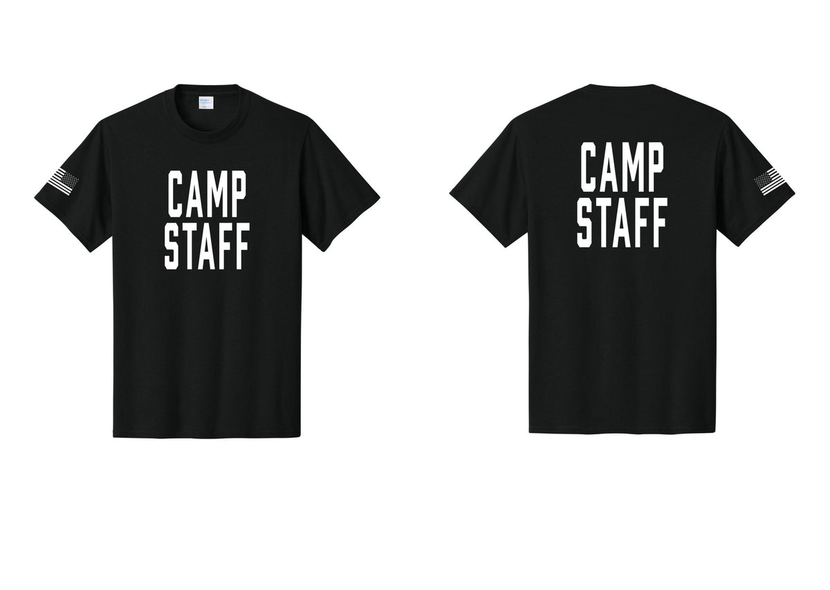 NYC Factory Unisex Camp Staff Classic T-Shirt - Front + Back + US Flag Sleeve - Black