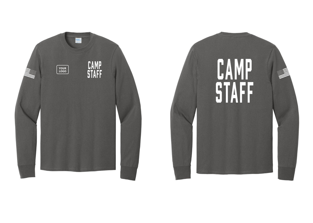 NYC Factory Custom Logo Camp Staff Cotton Long Sleeve T-Shirt (Classic) - CAMP STAFF + Your Logo + Back + US Flag Sleeve - Charcoal