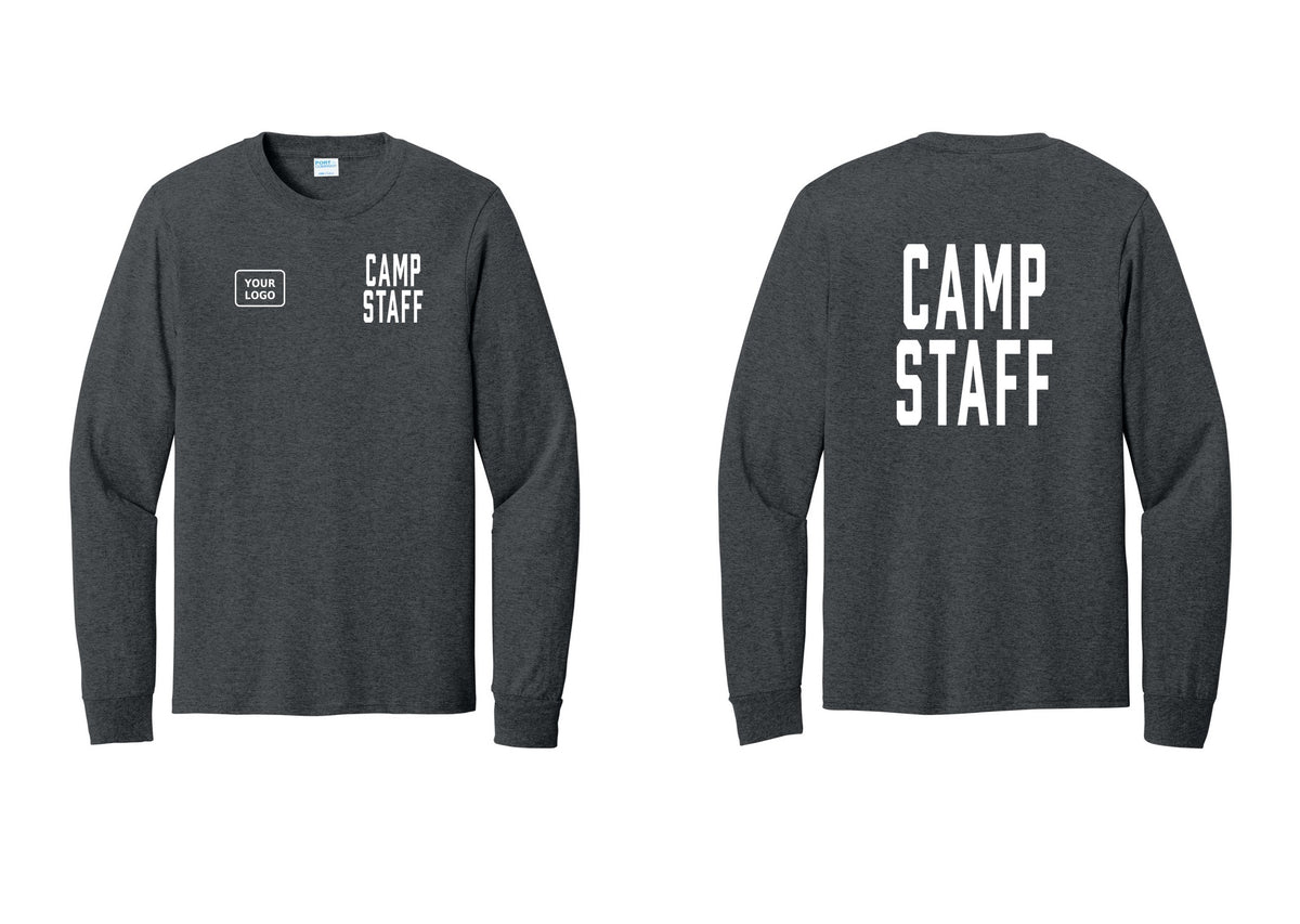 NYC Factory Custom Logo Camp Staff Cotton Long Sleeve T-Shirt (Classic) - CAMP STAFF + Your Logo + Back - Dark Heather Grey