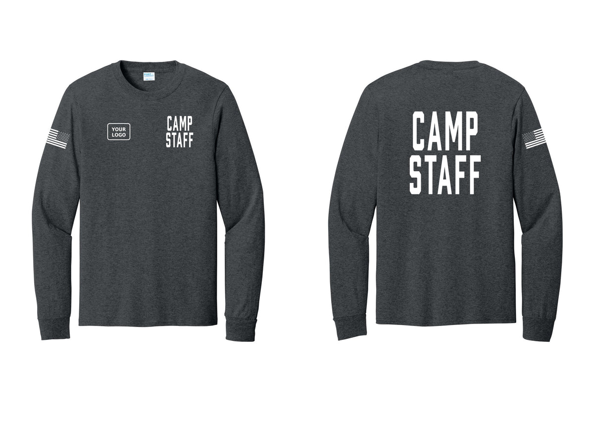 NYC Factory Custom Logo Camp Staff Cotton Long Sleeve T-Shirt (Classic) - CAMP STAFF + Your Logo + Back + US Flag Sleeve - Dark Heather Grey