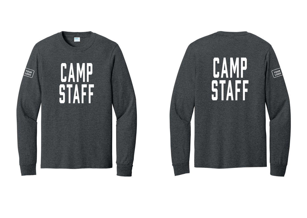 NYC Factory Custom Logo Camp Staff Cotton Long Sleeve T-Shirt (Classic) - Front + Back + Your Logo Sleeve - Dark Heather Grey