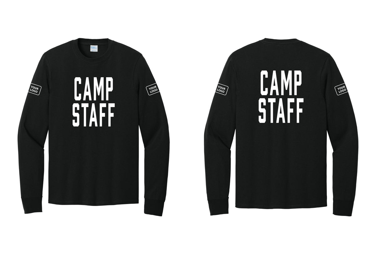 NYC Factory Custom Logo Camp Staff Cotton Long Sleeve T-Shirt (Classic) - Front + Back + Your Logo Sleeves - Black
