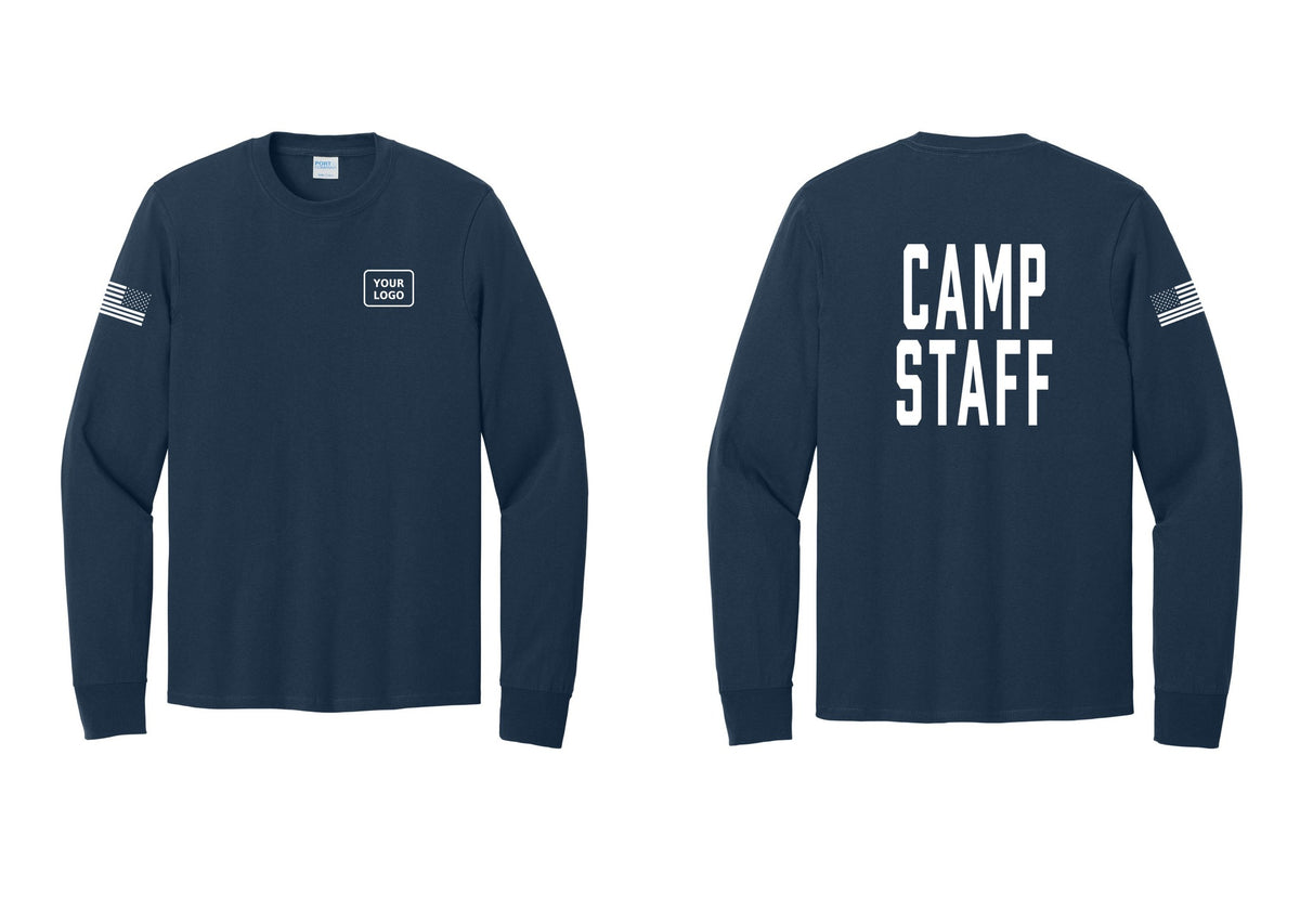 NYC Factory Custom Logo Camp Staff Cotton Long Sleeve T-Shirt (Classic) - Your Logo + Back + US Flag Sleeve - Navy