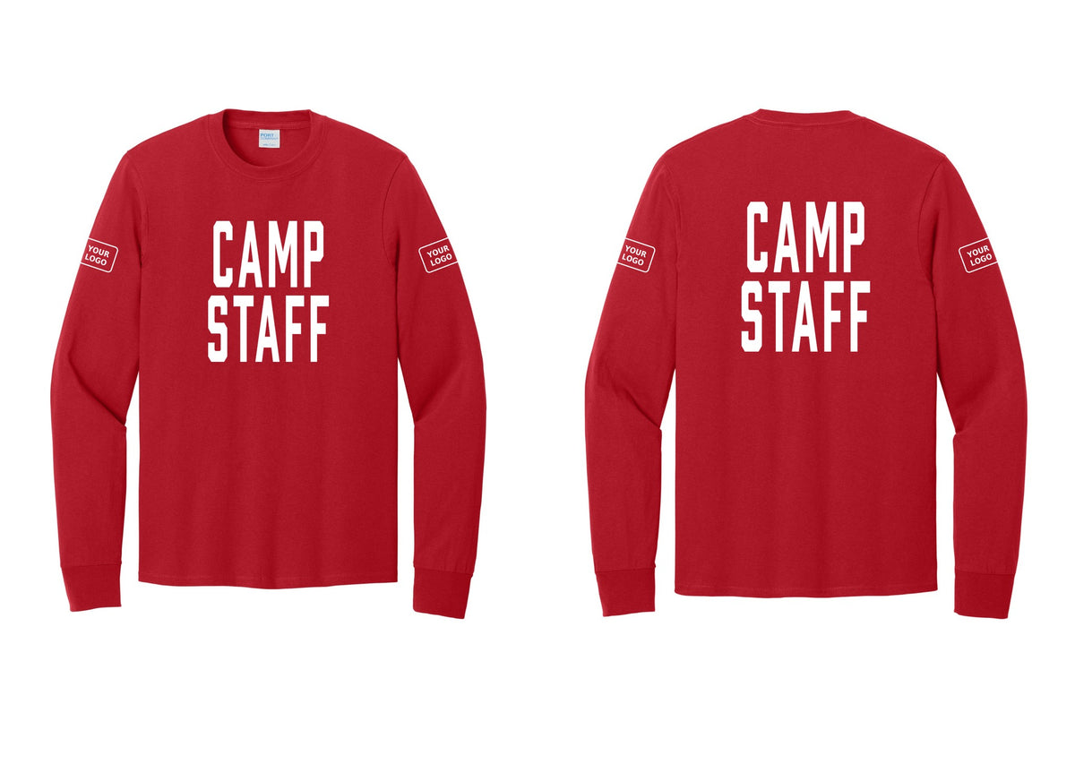 NYC Factory Custom Logo Camp Staff Cotton Long Sleeve T-Shirt (Classic) - Front + Back + Your Logo Sleeves - Red