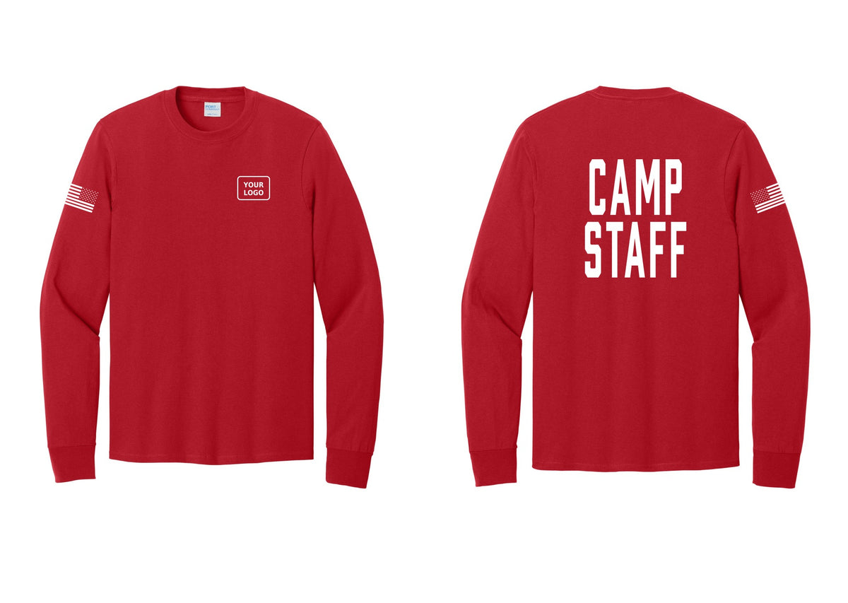 NYC Factory Custom Logo Camp Staff Cotton Long Sleeve T-Shirt (Classic) - Your Logo + Back + US Flag Sleeve - Red