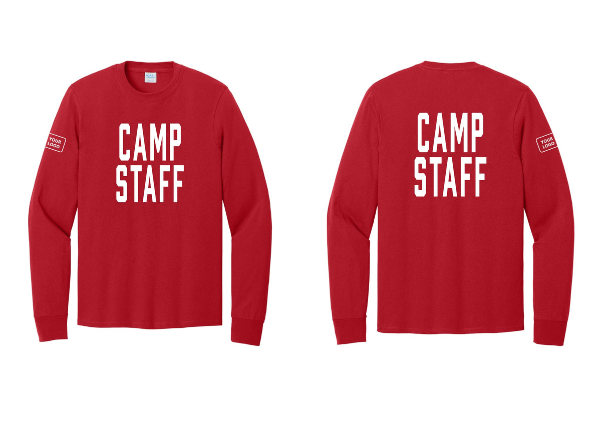 NYC Factory Custom Logo Camp Staff Cotton Long Sleeve T-Shirt (Classic) - Front + Back + Your Logo Sleeve - Red