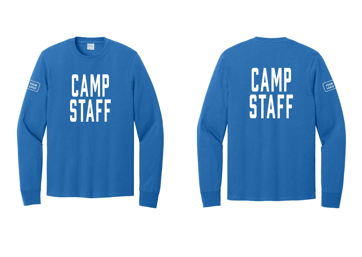 NYC Factory Custom Logo Camp Staff Cotton Long Sleeve T-Shirt (Classic) - Front + Back + Your Logo Sleeve - Royal