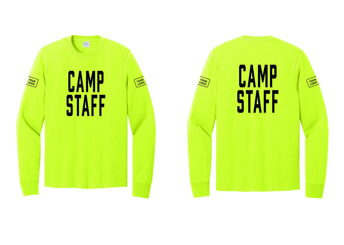 NYC Factory Custom Logo Camp Staff Cotton Long Sleeve T-Shirt (Classic) - Front + Back + Your Logo Sleeves - Safety Green