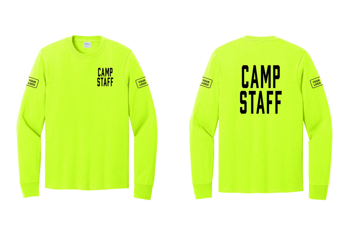 NYC Factory Custom Logo Camp Staff Cotton Long Sleeve T-Shirt (Classic) - Chest + Back + Your Logo Sleeves - Safety Green
