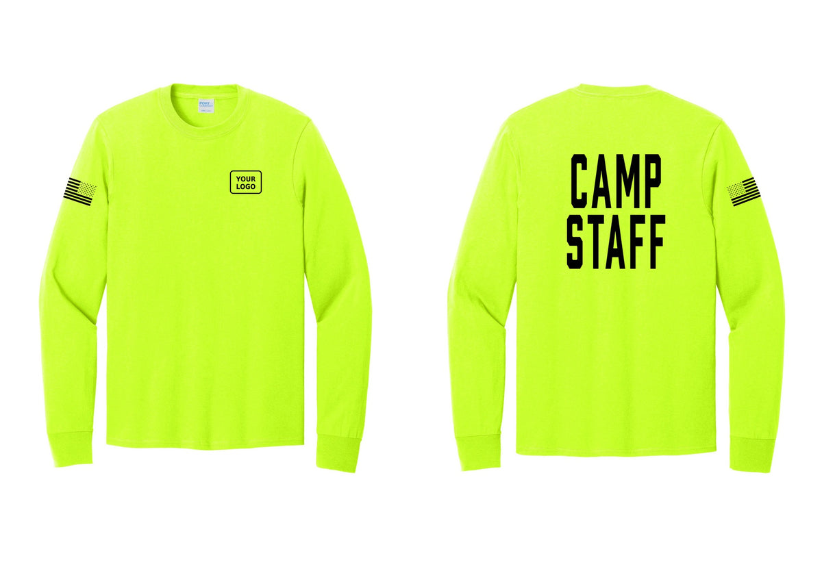 NYC Factory Custom Logo Camp Staff Cotton Long Sleeve T-Shirt (Classic) - Your Logo + Back + US Flag Sleeve - Safety Green